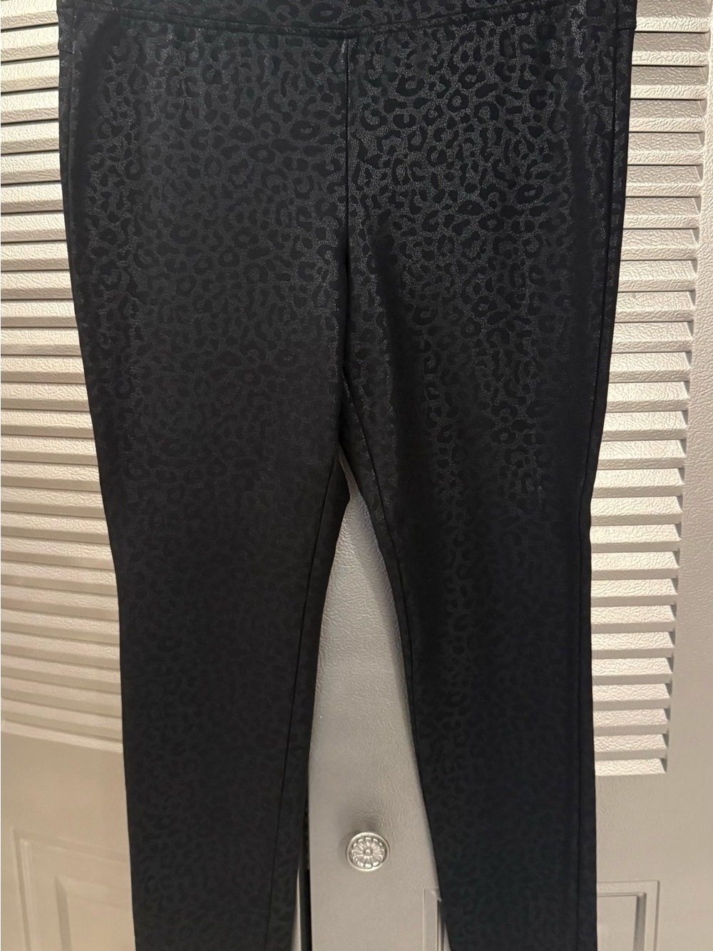 Woman's Soho Leopard Print Black Leggings with Subtle Metallic Sheen